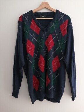 Vintage Pringle Of Scotland Men's Pure Wool Navy Argyle Plaid Sweater 42 (L US)